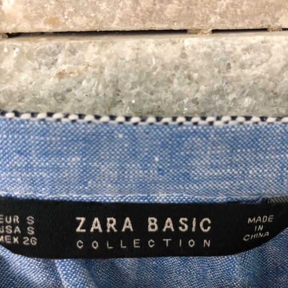 Zara Basics v neck boxy top balloon sleeves in linen cotton chambray size Small - Picture 4 of 6